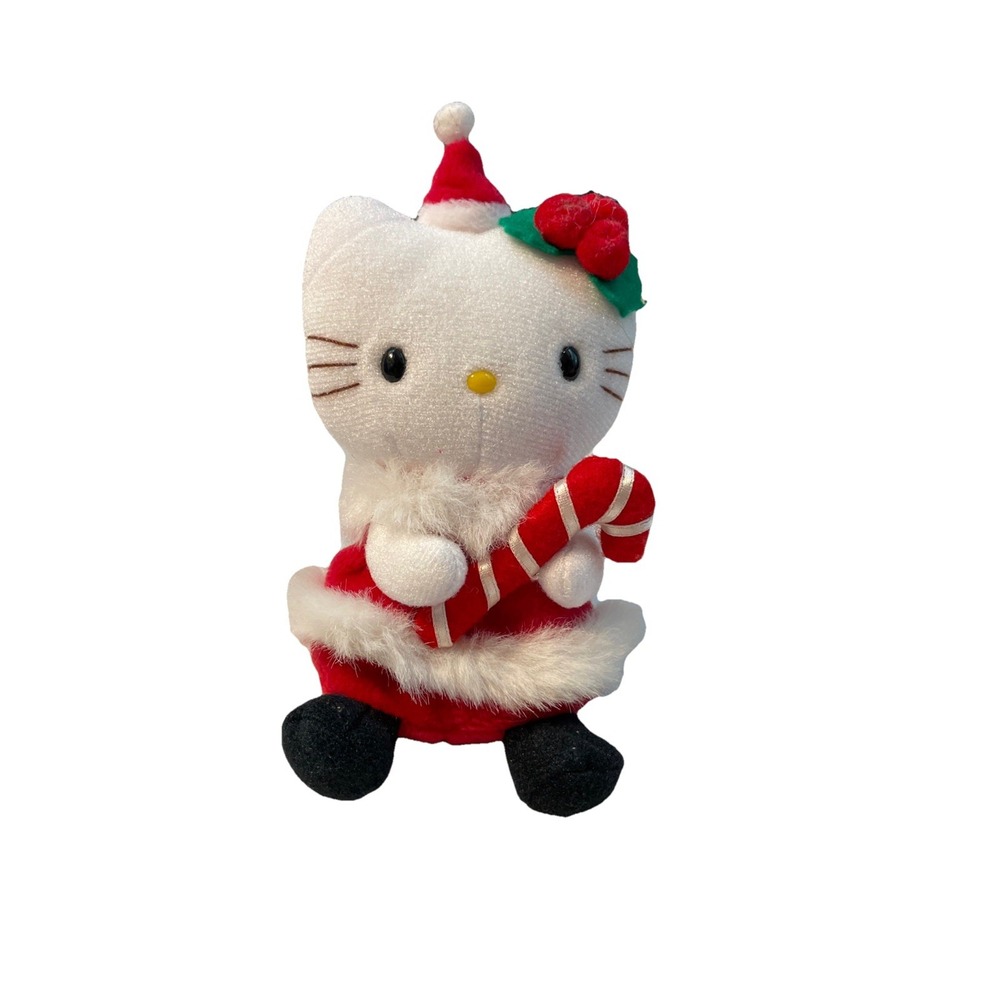 Vintage Sanrio Hello Kitty With Candy Cane Plush Christmas Hat Bow Santa Hat 7"